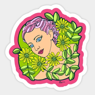 Girl with Pink Hair Surrounded by Yellow Flowers Sticker